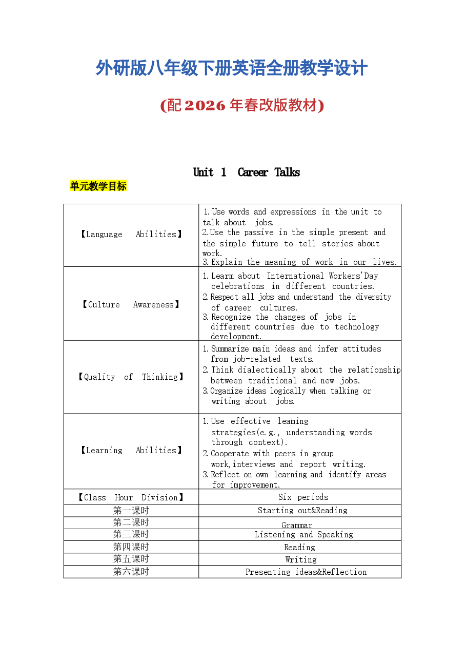 2026年外研版八年级下册英语全册教学设计.docx,第1页预览