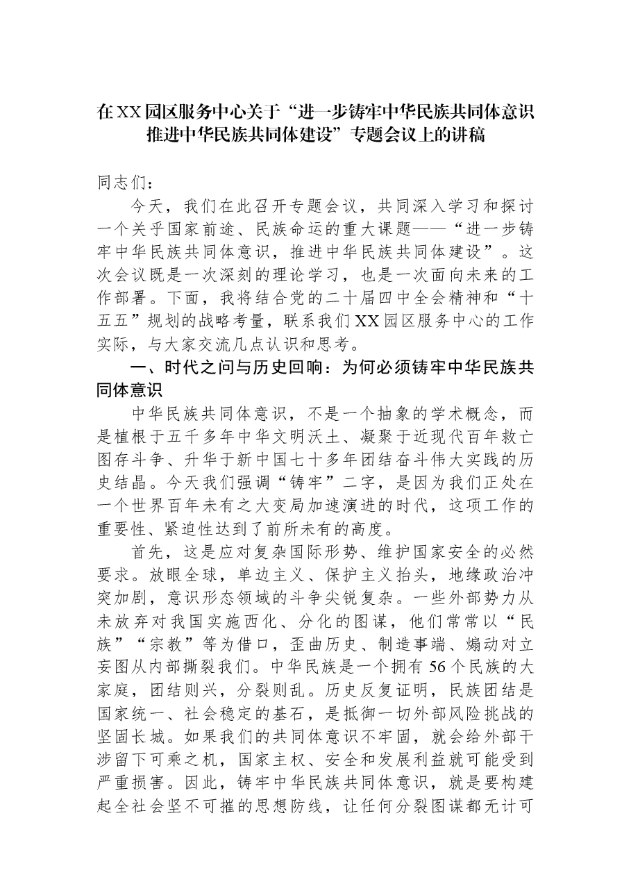 在XX园区服务中心关于“进一步铸牢中华民族共同体意识推进中华民族共同体建设”专题会议上的讲稿.docx,第1页预览