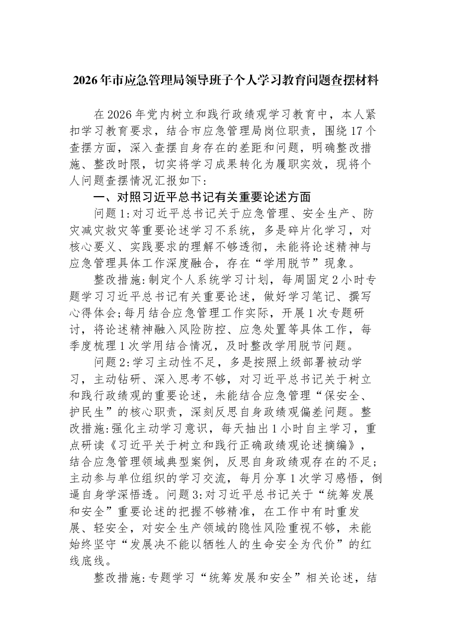 2026年市应急管理局领导班子个人学习教育问题查摆材料.docx，第1页预览