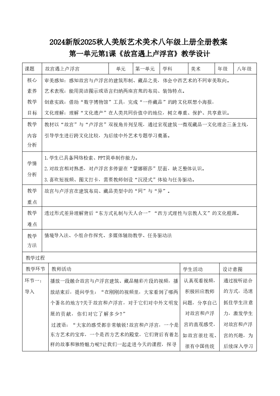 2024新版2025秋人美版艺术美术八年级上册全册教案教学设计.pdf,第1页预览