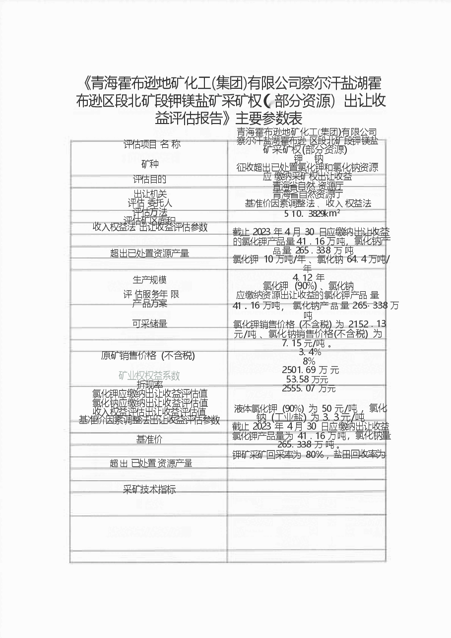 《青海霍布逊地矿化工(集团)有限公司察尔汗盐湖霍布逊区段北矿段钾镁盐矿采矿权(部分资源)出让收益评估报告》主要参数表.docx,第1页预览