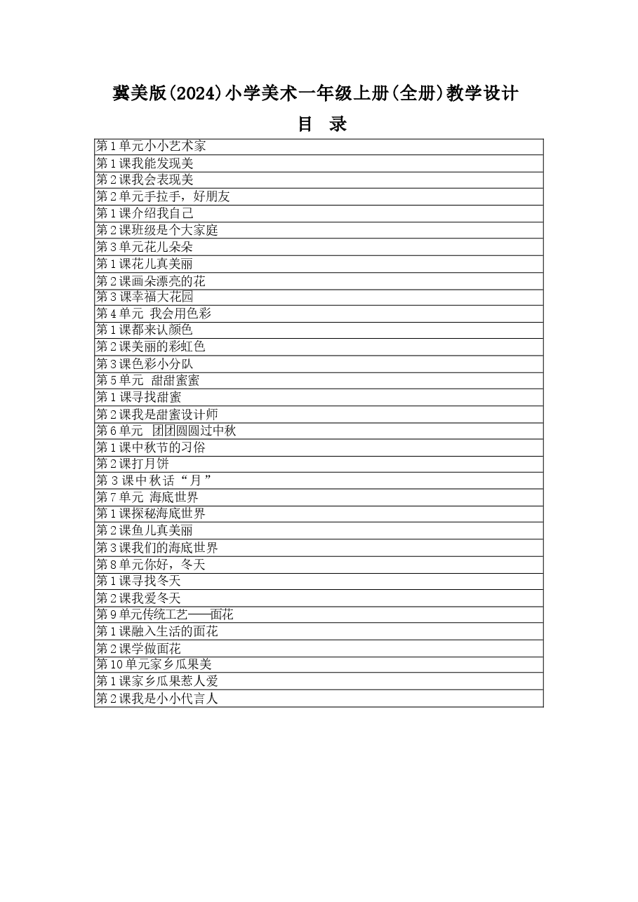 新版2025-2026学年冀美版(2024)美术一年级上册全册(教案)教学设计.docx,第1页预览