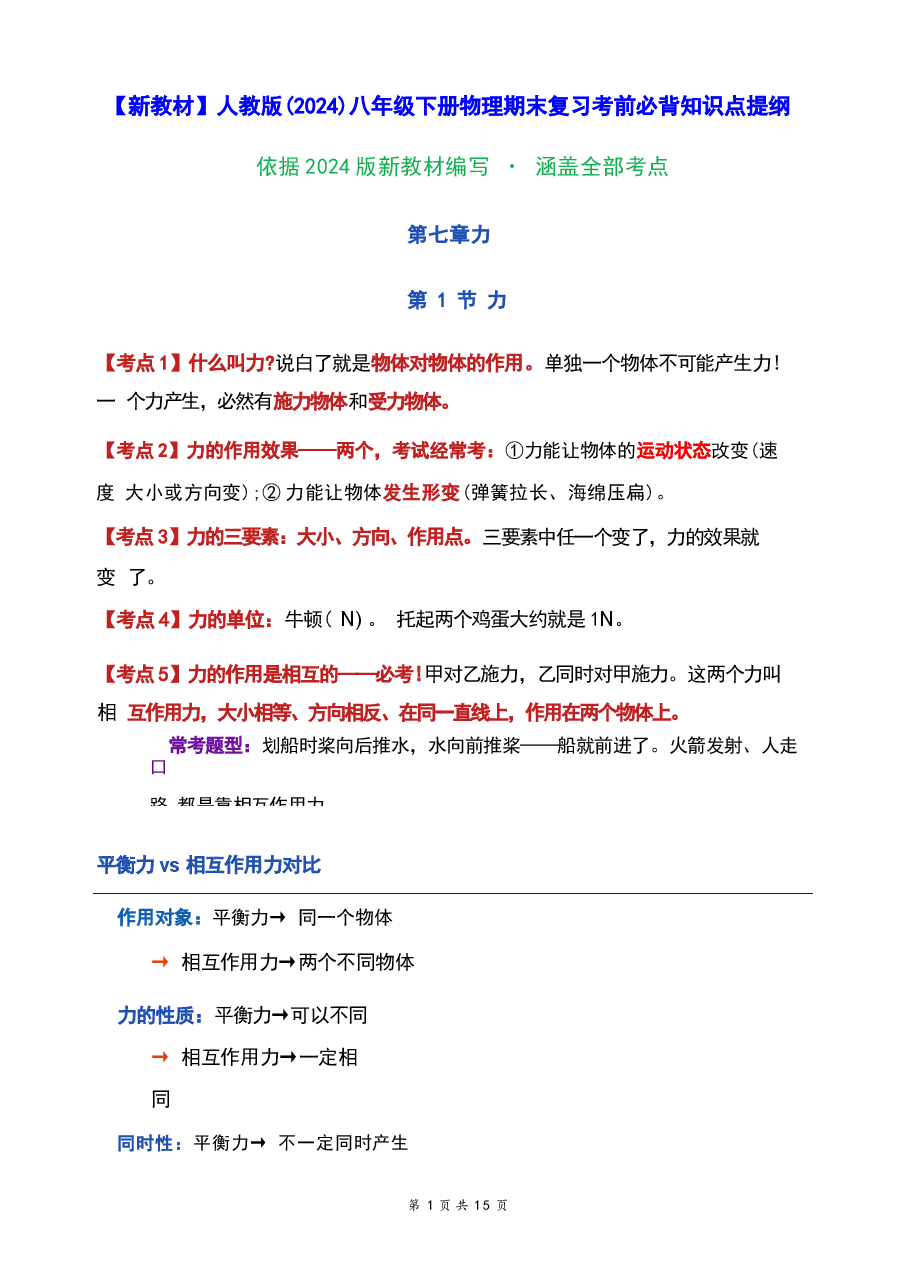 2026新版【新教材】人教版(2024)八年级下册物理期末复习考前必背知识点提纲.docx,第1页预览