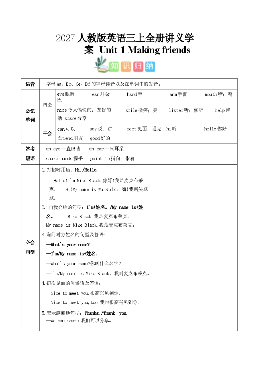 新版(2027人教版新教材)英语三上全册讲义学案.docx,第1页预览