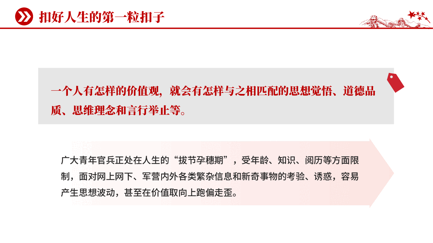 红色扣好人生的第一粒扣子部队官兵价值观思想教育党课PPT.pptx,第4页预览