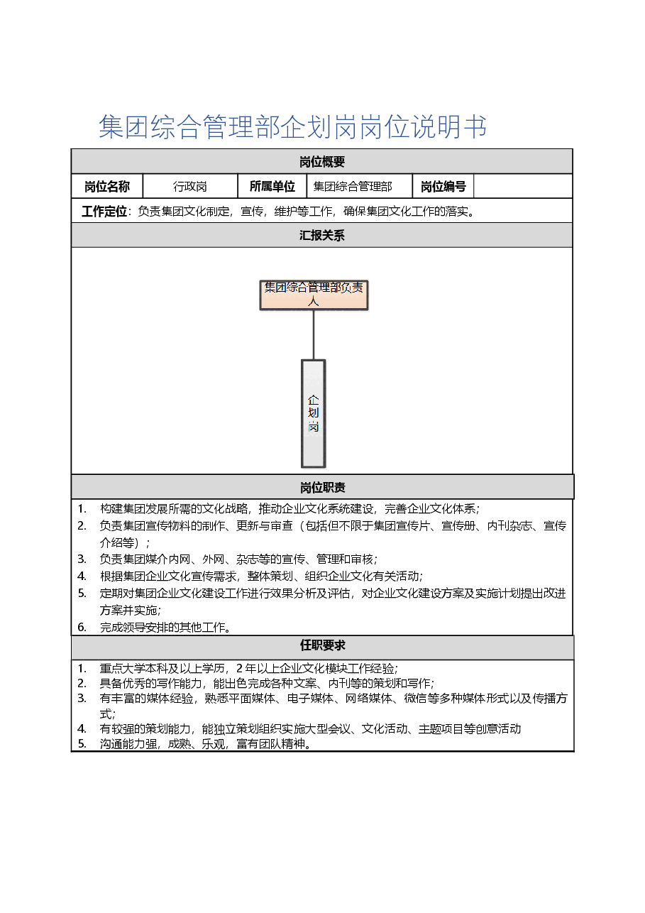 集团综合管理部企划岗说明书及任职要求.docx,第1页预览