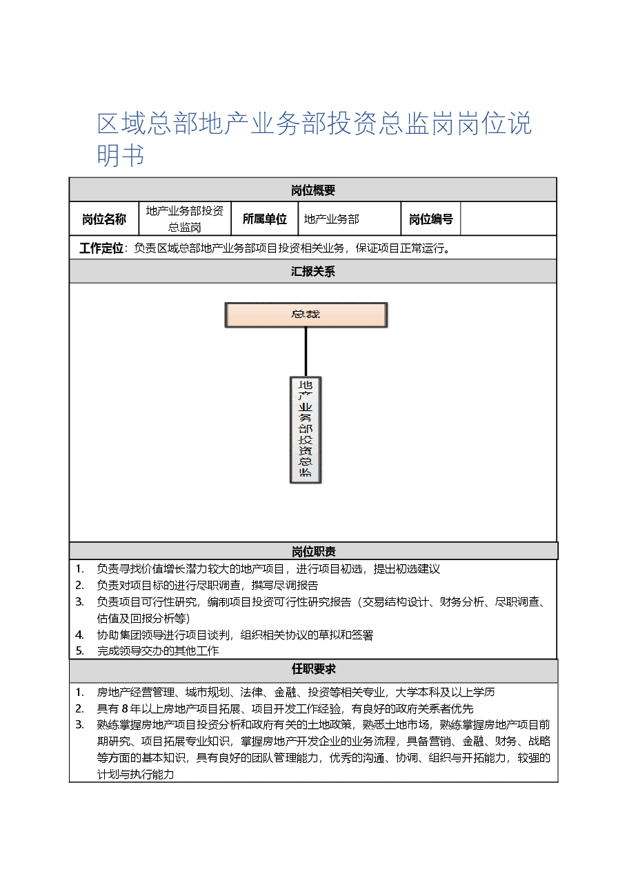 区域总部地产业务部投资总监岗岗位说明书及任职要求.docx,第1页预览