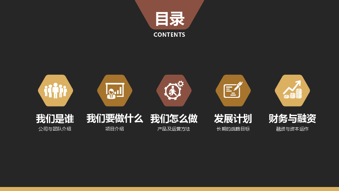 创业商业融资计划书PPT样板黄金黑白.pptx,第2页预览