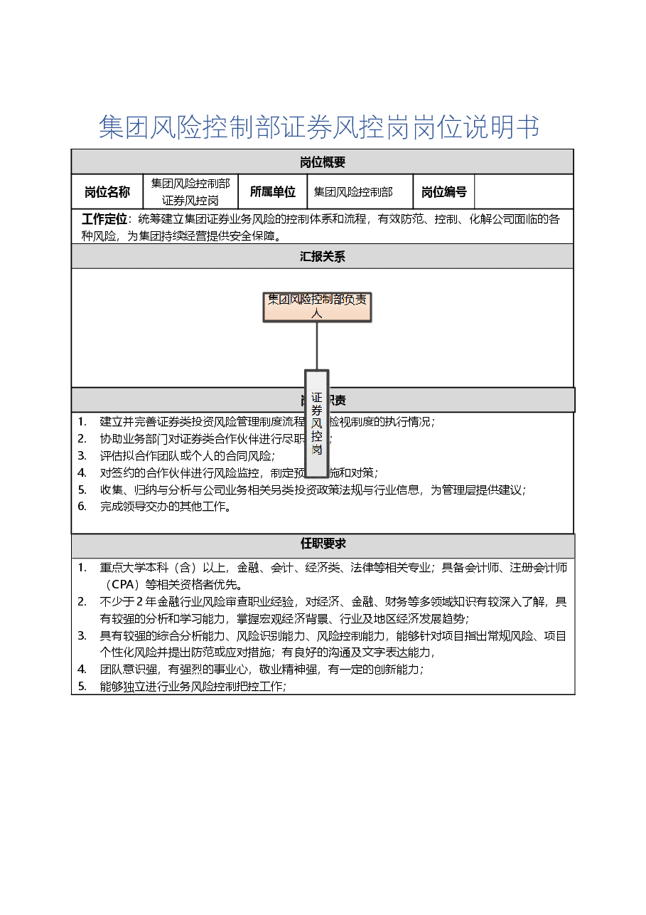 集团风险控制部证券风控岗岗位说明书及任职要求.docx,第1页预览