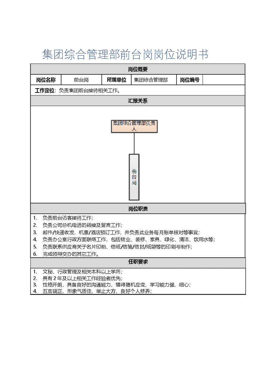 集团综合管理部前台岗岗位说明书及任职要求.docx,第1页预览
