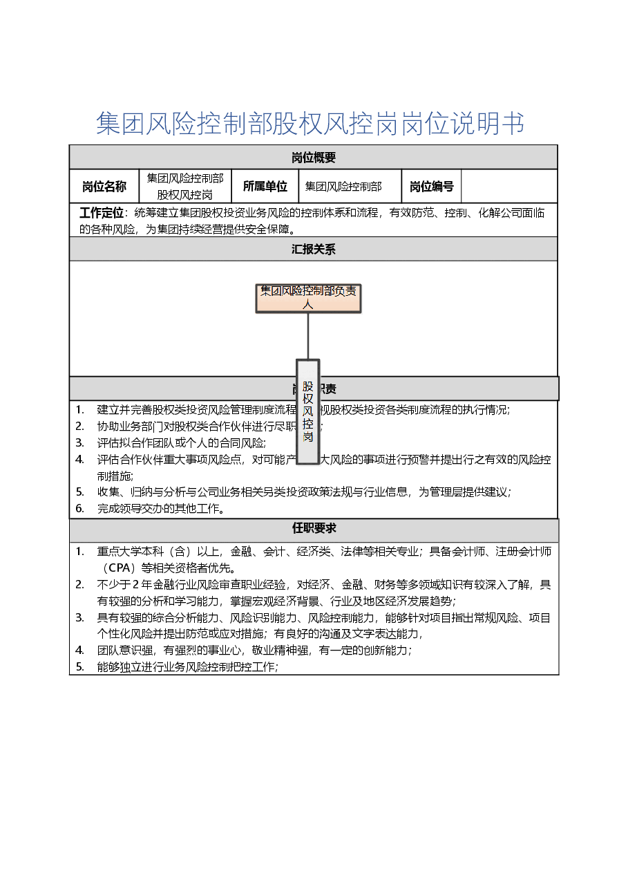 集团风险控制部股权风控岗岗位说明书及任职要求.docx,第1页预览