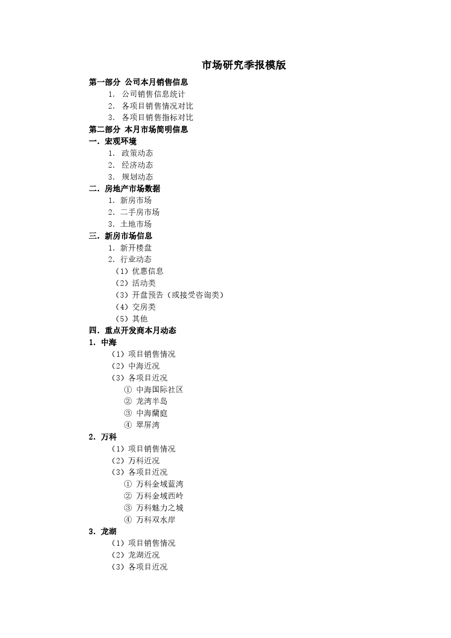 房地产公司市场研究季报（框架模板）.doc，第1页预览