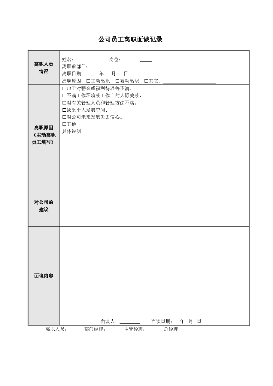 公司员工离职面谈记录表.doc，第1页预览