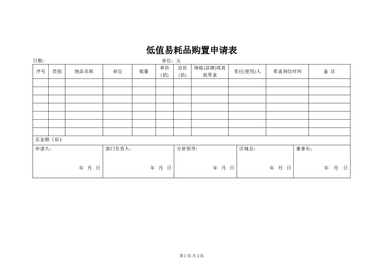 低值易耗品申请购买审批表.doc,第1页预览