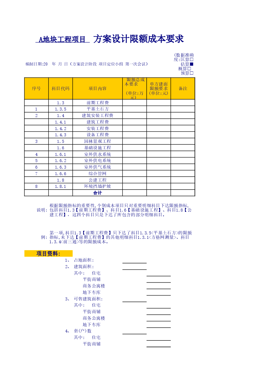 房地产项目方案设计限额成本指导表.xls,第1页预览