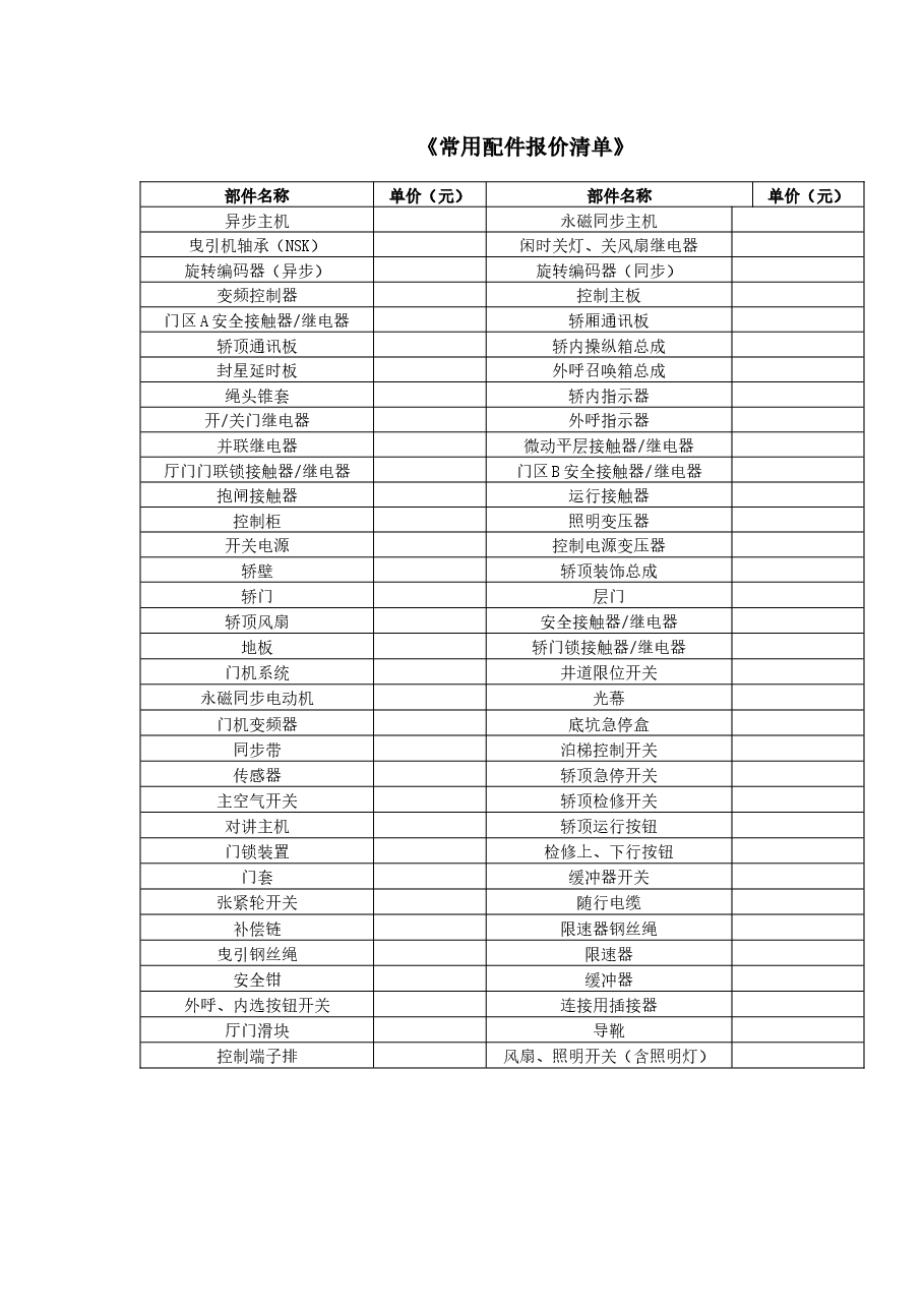 常用配件报价清单.docx,第1页预览