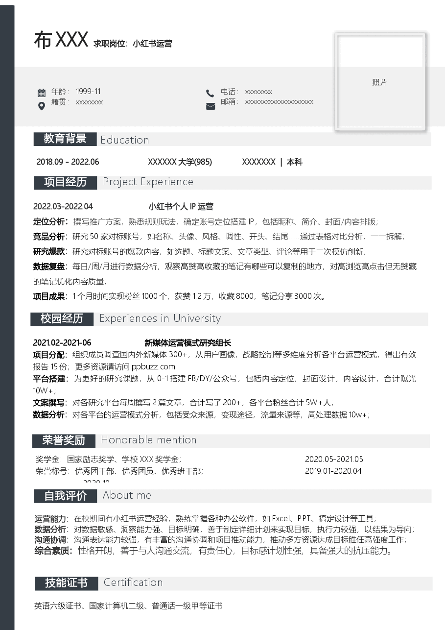 应届生小红书运营简历模板.docx,第1页预览