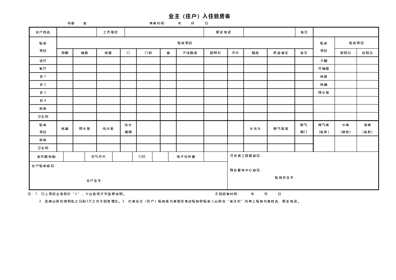 005-业主(住户)入住验房表.docx,第1页预览